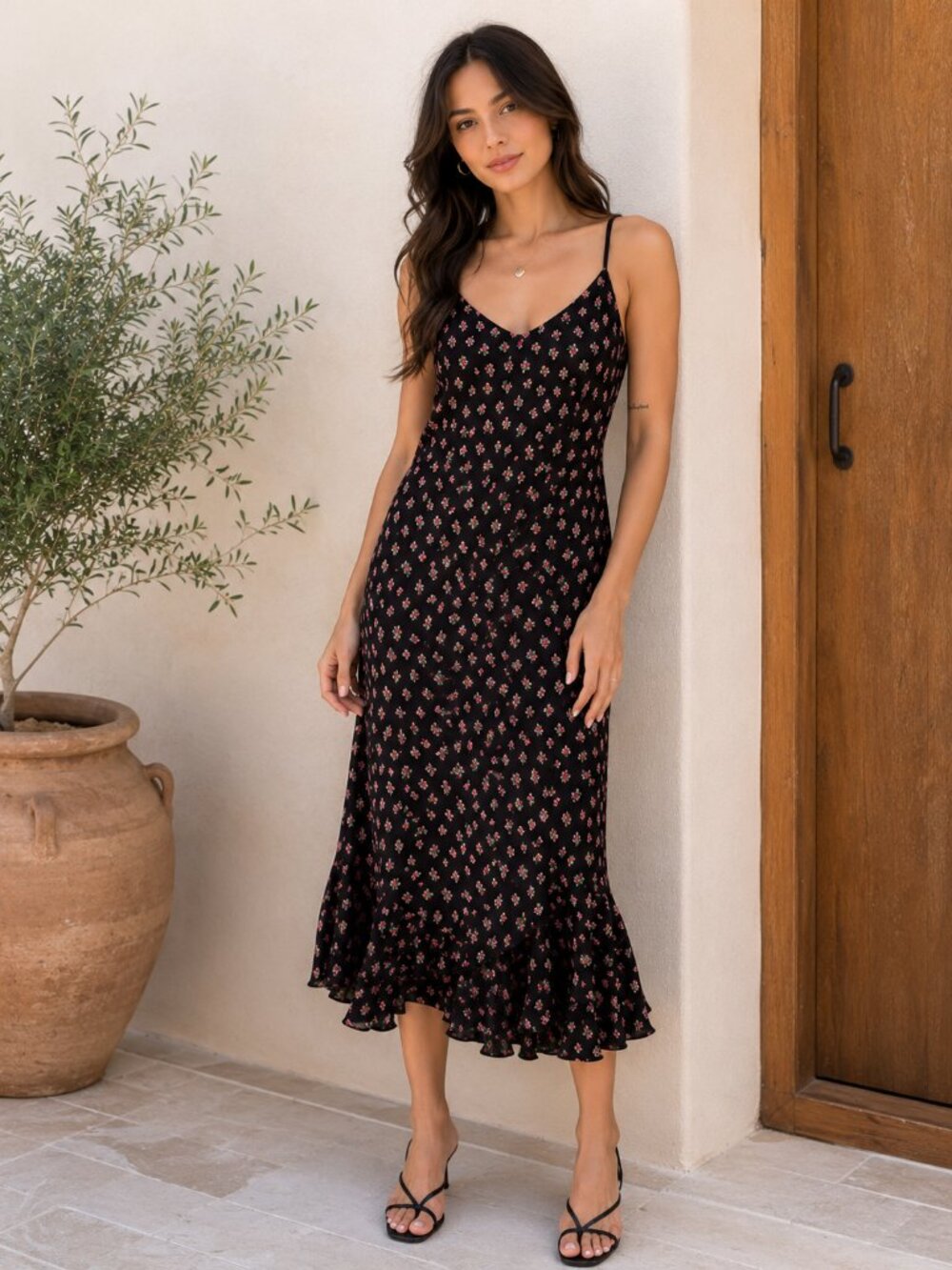 Vintage Betsey Johnson Black Label Silk Floral Ruffle Midi Dress S